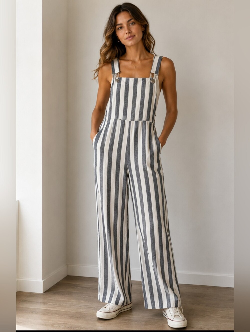 Women's Carmar 100% Linen Striped Black and White Jumpsuit Sz- S